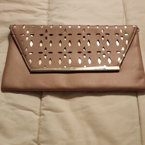 Elegant Pinkish Tan Clutch with Gold Accents